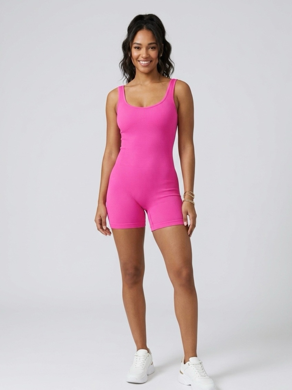 Ribbed Scoop Neck Romper - Hot Pink